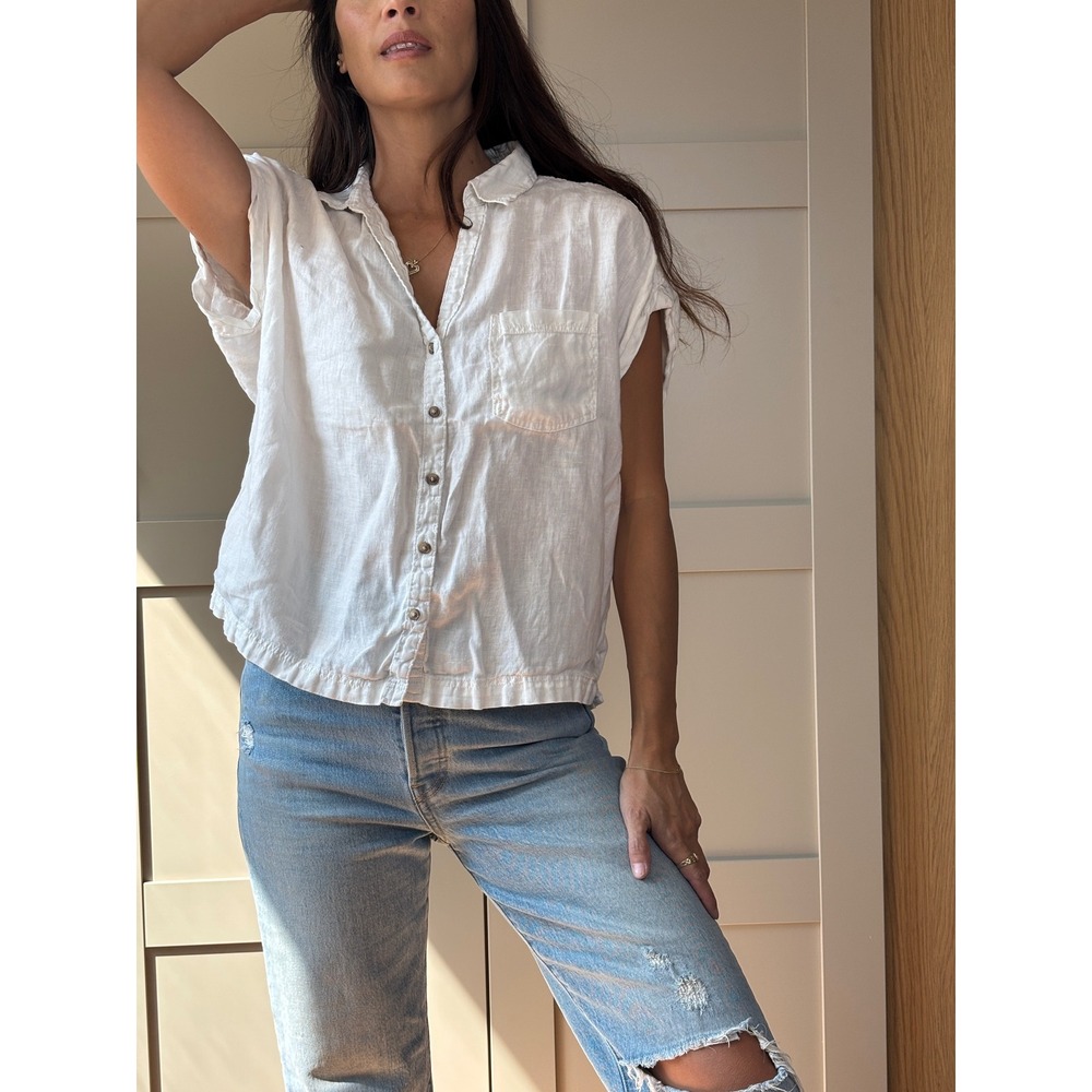 Rachel Zoe Women's White 100% Linen Short Sleeve Button Down Shirt Loose Crop M